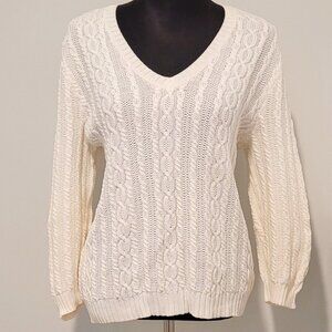 White Cable Knit 3/4 Length Sleeve V-Neck Ralph Lauren Sweater